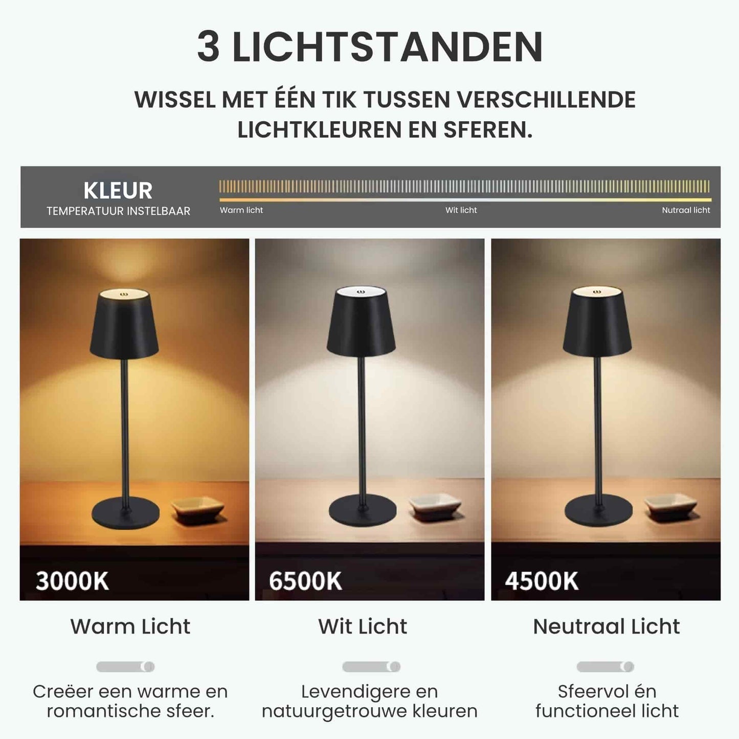 Draadloze oplaadbare tafellamp SoliXL met touch-bediening en LED-verlichting